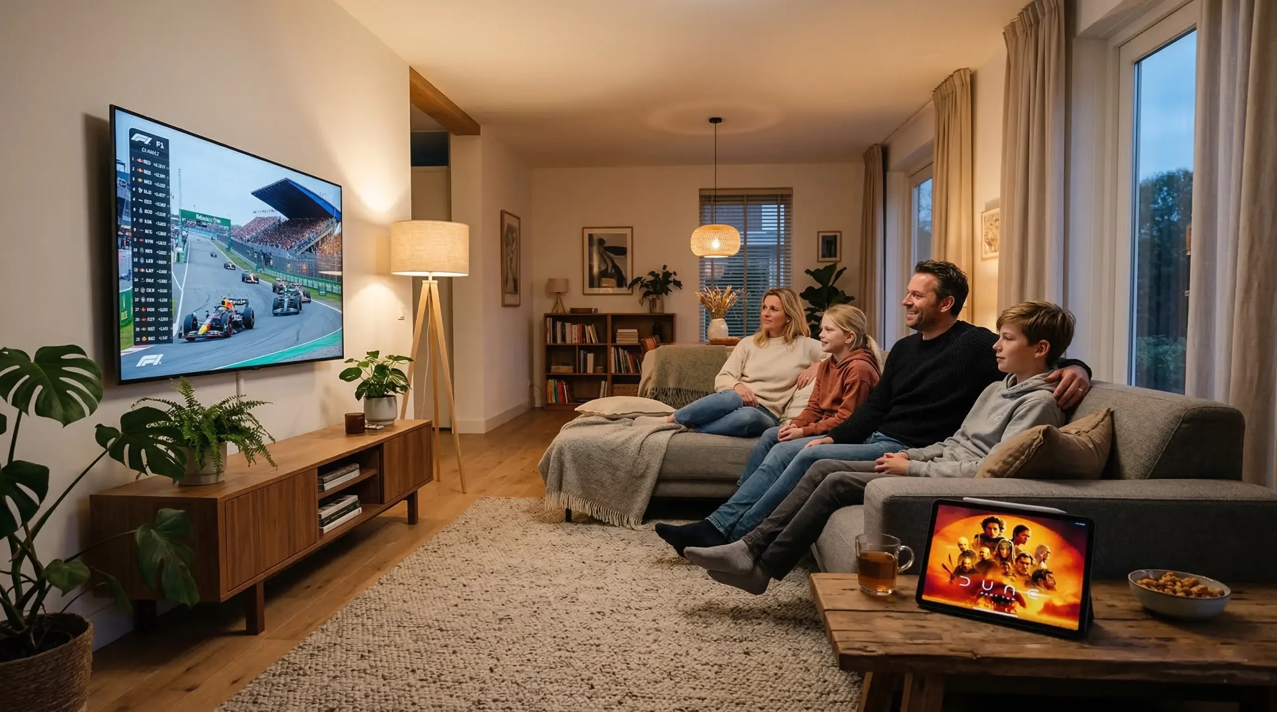 A Canadian family watching live sport together on a large living-room television