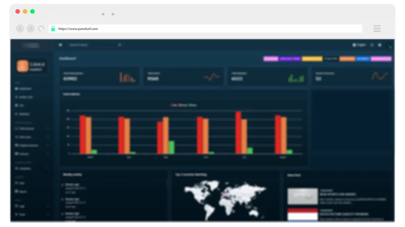 Reseller dashboard showing subscription statistics, usage charts and a world coverage map